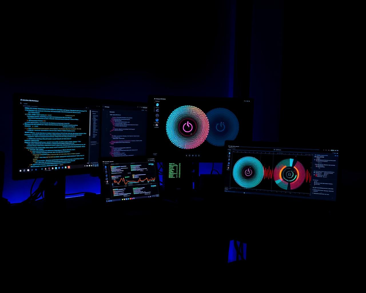 Developer workspace running accessibility audits and screen reader checks across multiple monitors