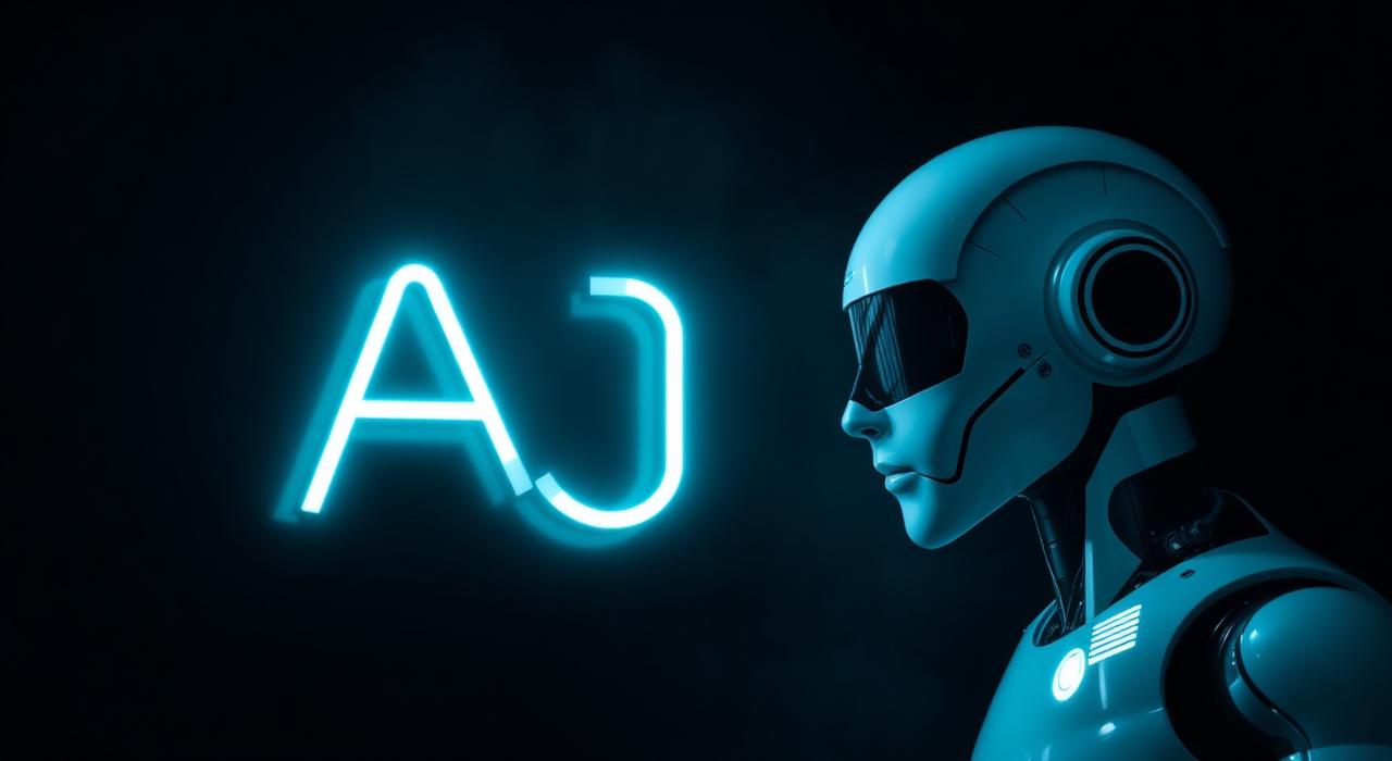 Glowing AI SEO neon sign next to a humanoid robot - AI-driven search
