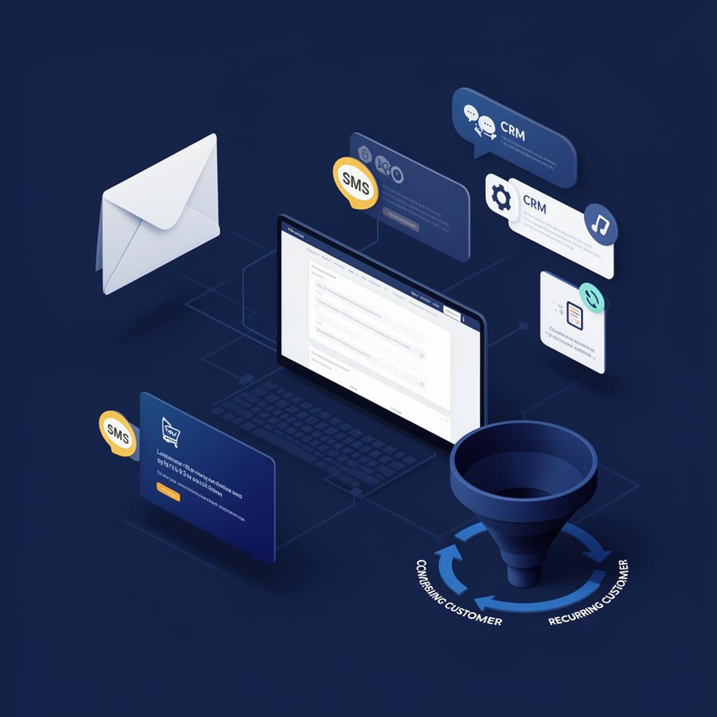 Isometric illustration of an ecommerce automation ecosystem connecting website, email, SMS, CRM and recurring customers