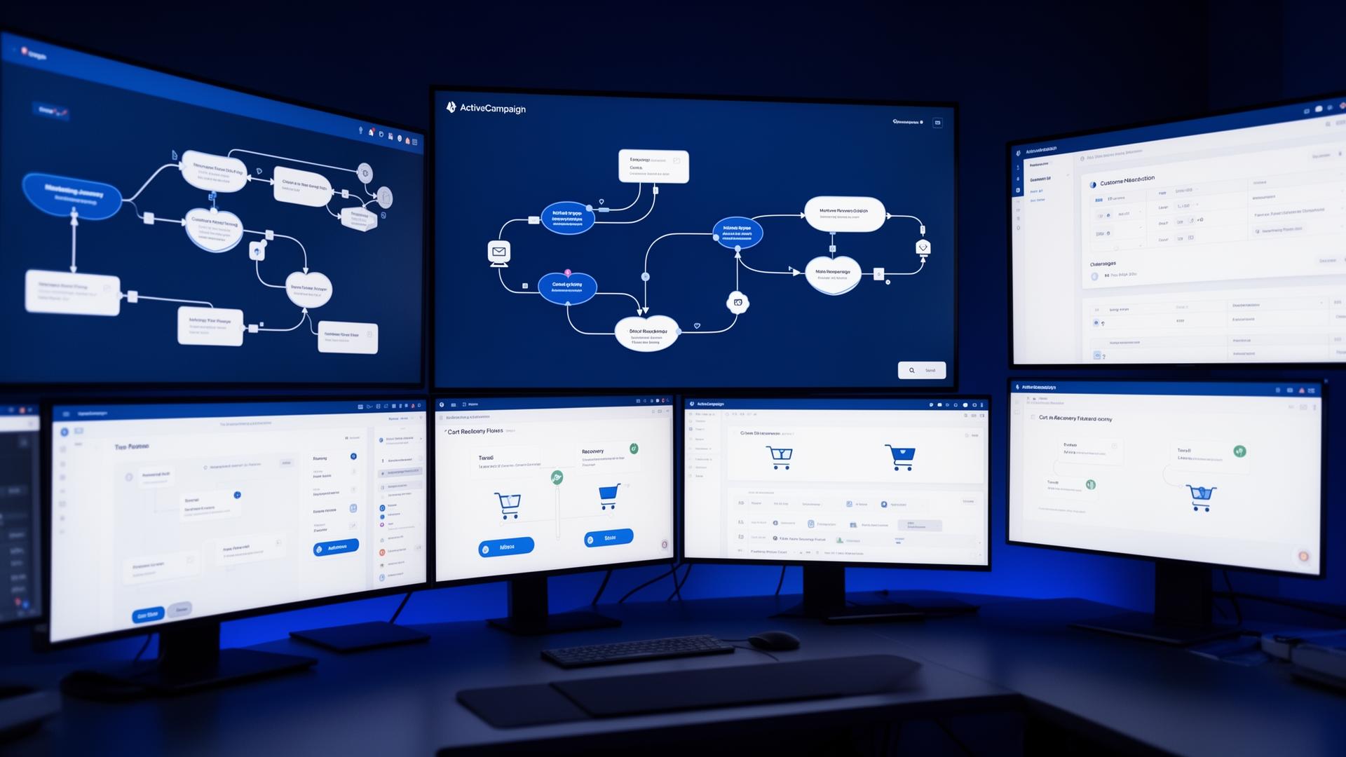 Marketing automation control room with monitors showing flow builders, customer journeys and cart recovery sequences