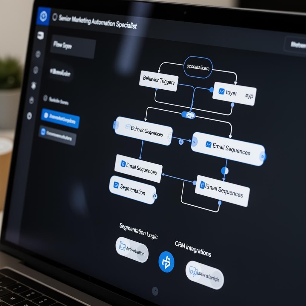 Marketing automation specialist building behavior triggers, email sequences and segmentation logic in a flow builder