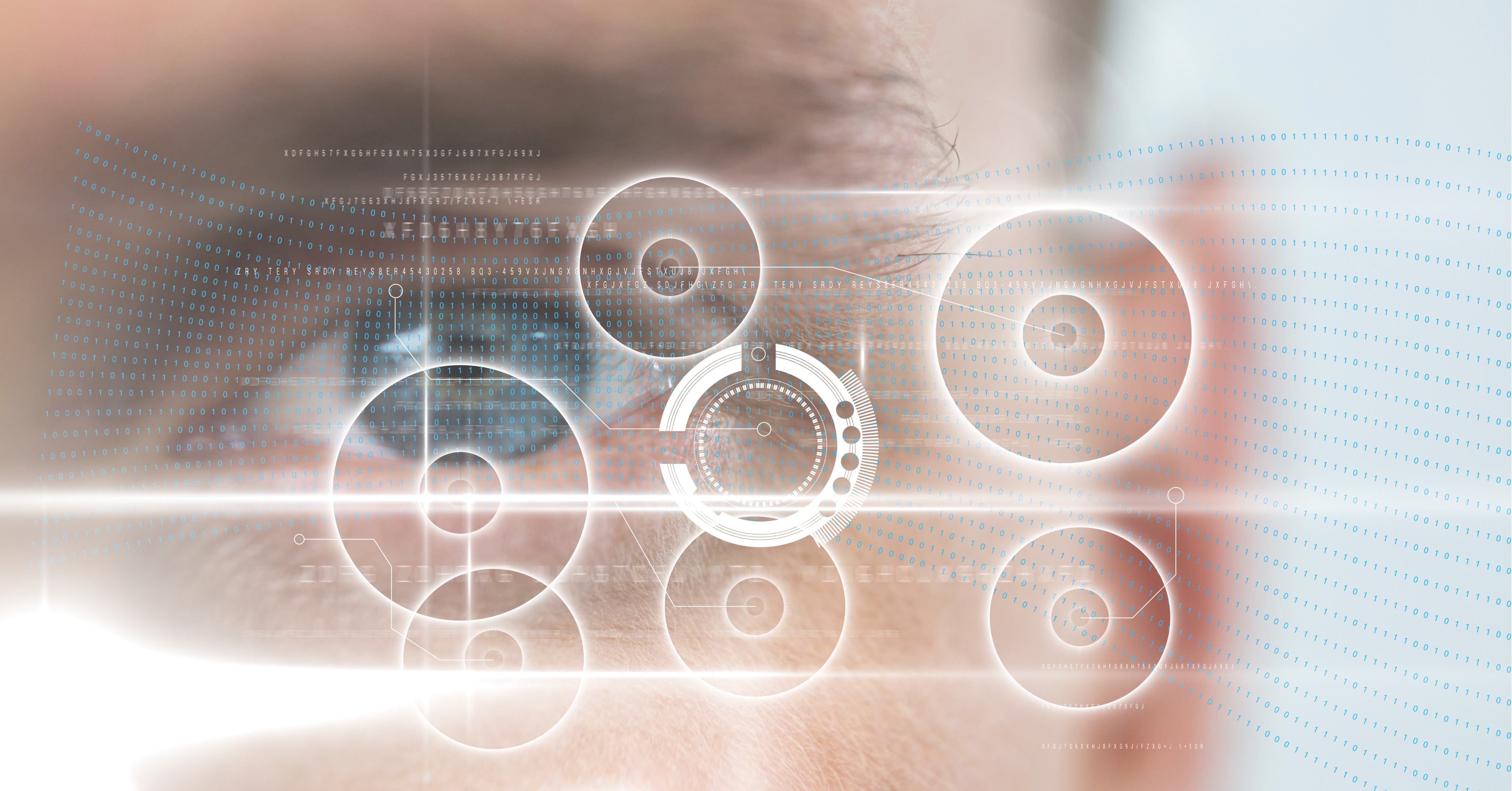 Close-up of an eye overlaid with technological circular interfaces