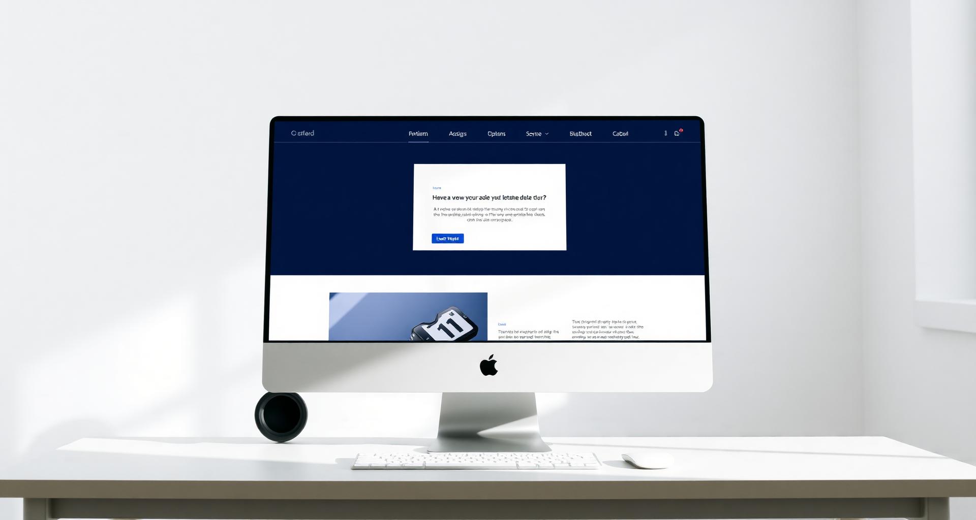 Minimal brand website displayed on a large iMac in a bright modern studio