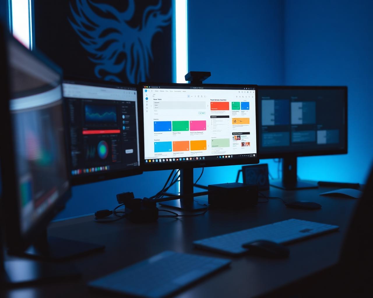 Designer workstation with website grids, color systems and typography swatches
