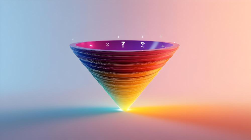 3D rainbow conversion funnel on a soft pink-orange gradient background