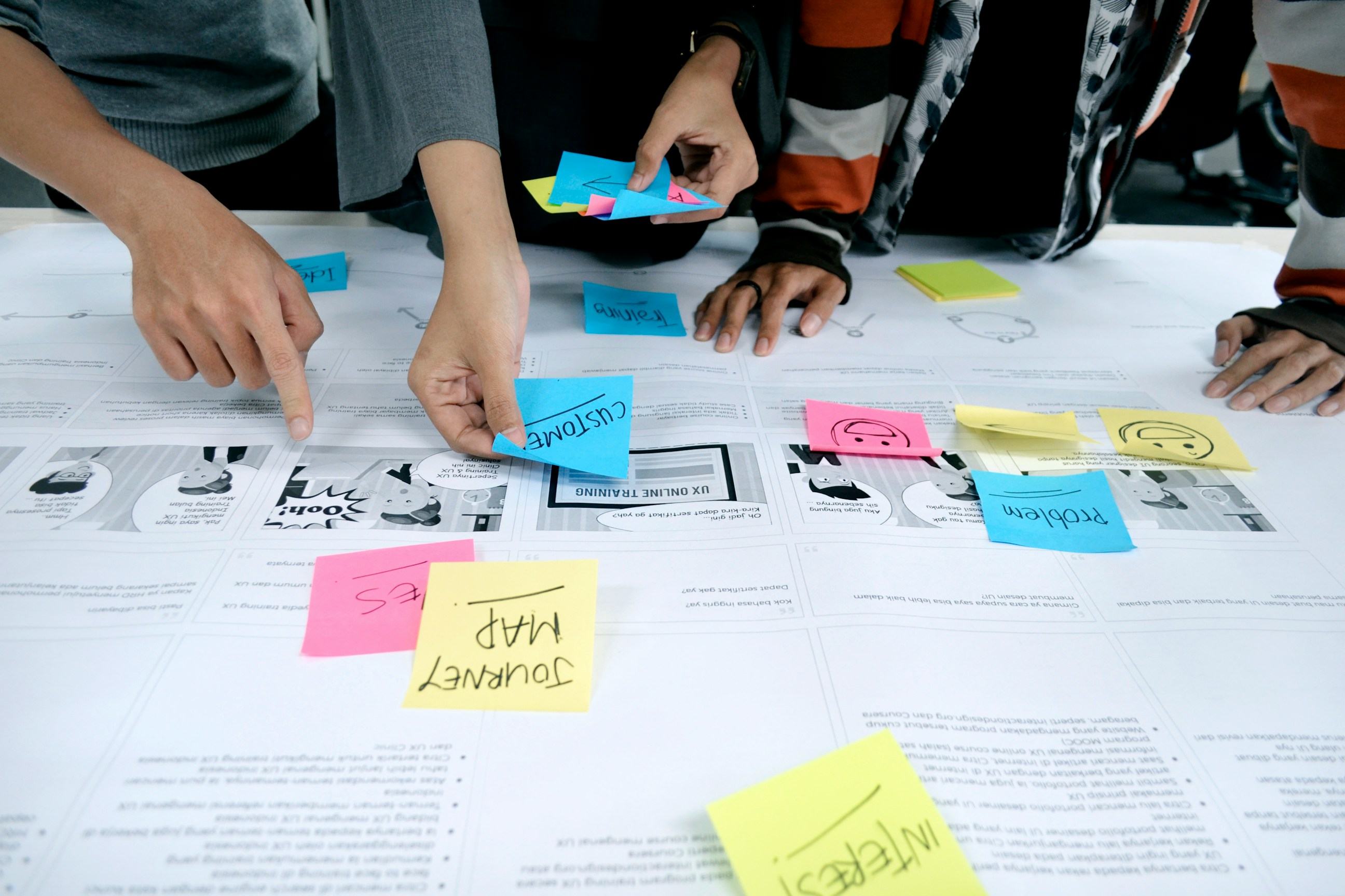 Team mapping a customer journey on a table covered in colorful sticky notes