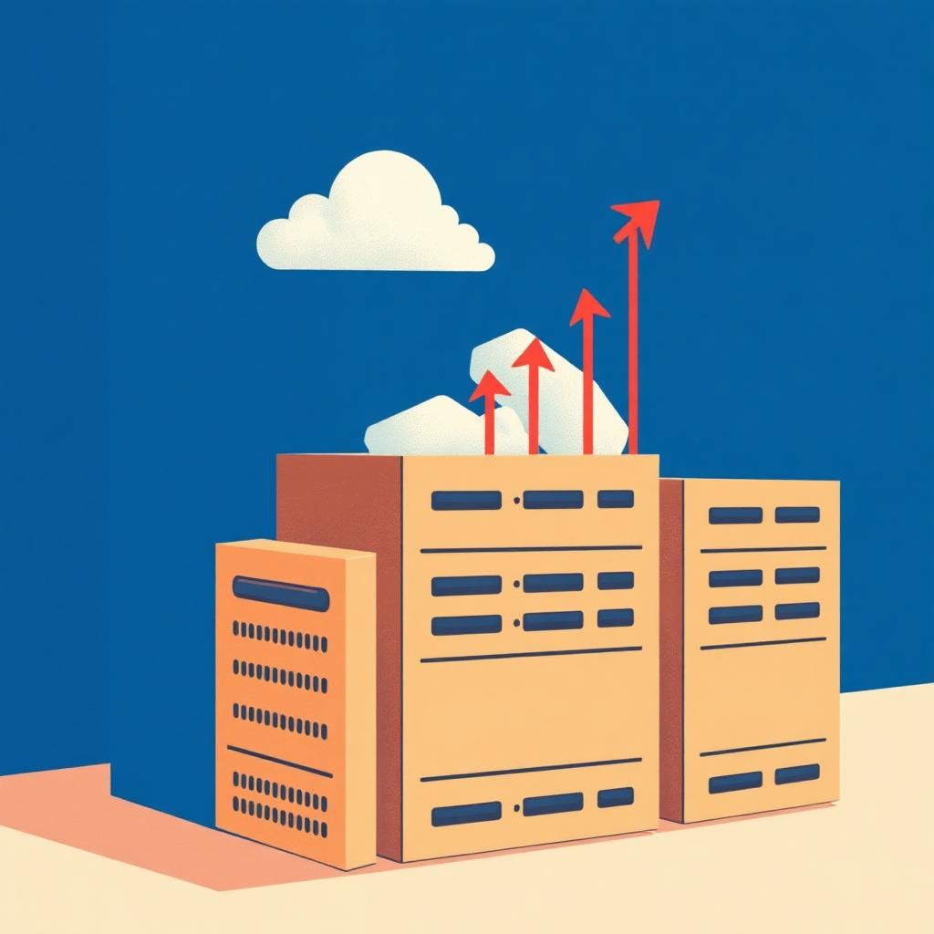 Legacy server infrastructure transforming into a scalable cloud platform with growth arrows