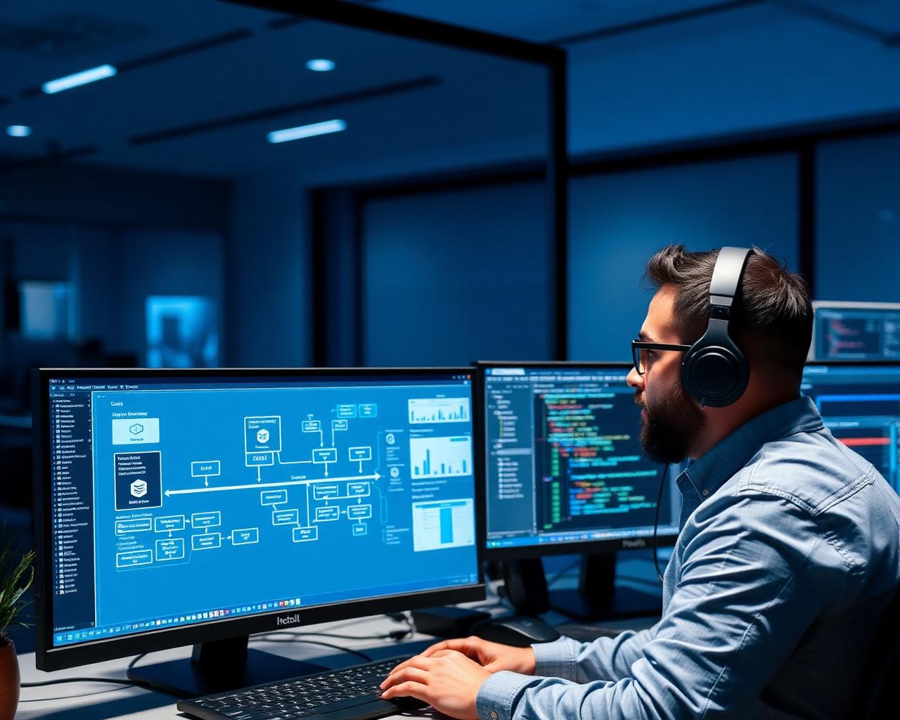 DevOps engineer monitoring CI/CD pipelines and cloud infrastructure dashboards