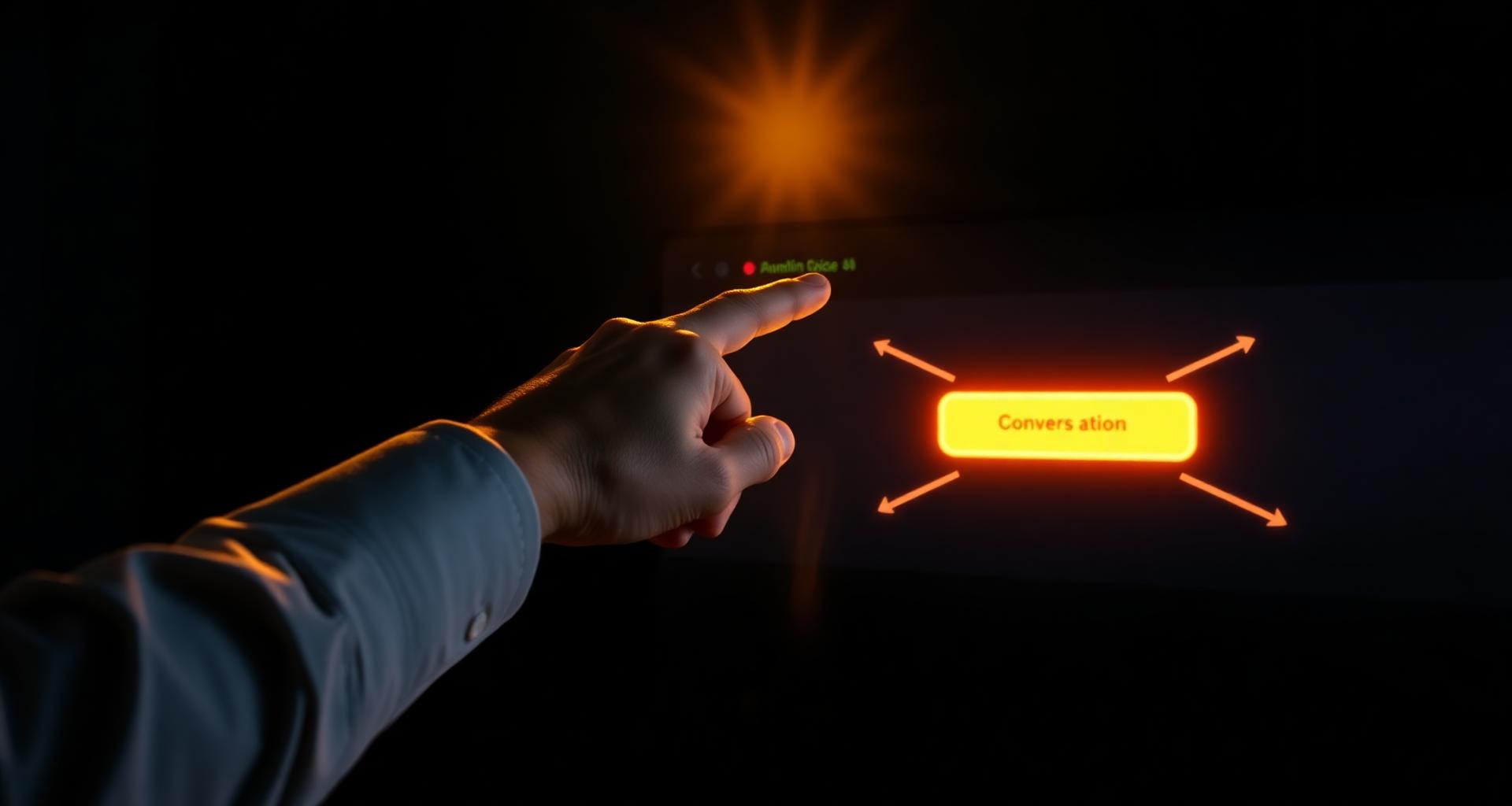 Designer pointing at a glowing call-to-action button on a website wireframe