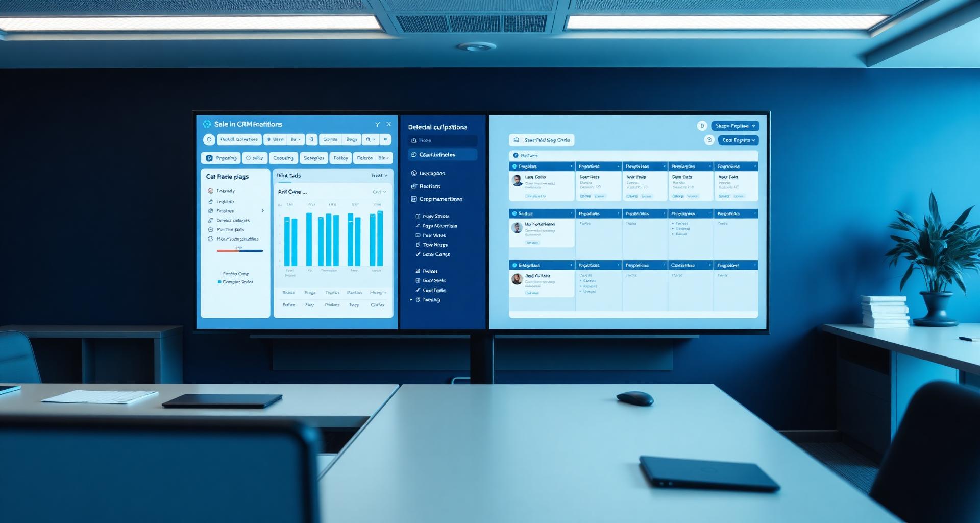 Custom CRM dashboard with sales pipeline kanban and customer cards on a wide screen
