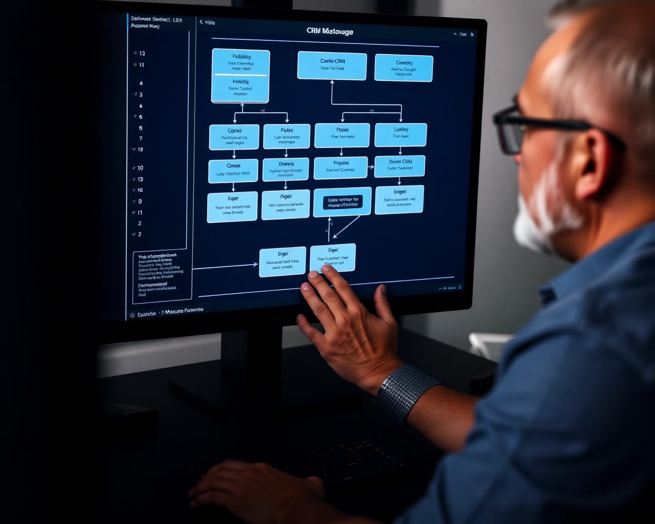 Senior software architect reviewing CRM database schema and system architecture diagrams
