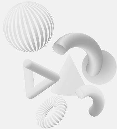 Abstract 3D shapes including spheres, cones, and curved forms