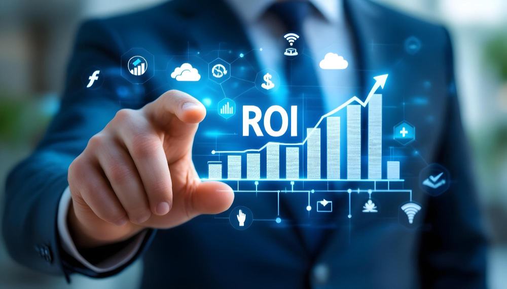 Hand pointing at glowing ROI chart with marketing icons