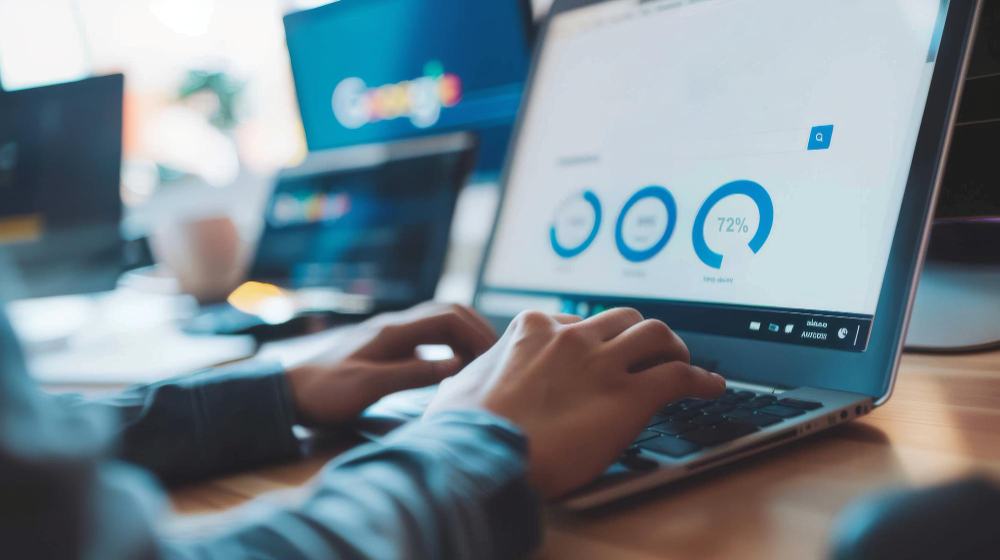 Hands typing on a laptop with analytics dashboards on screen