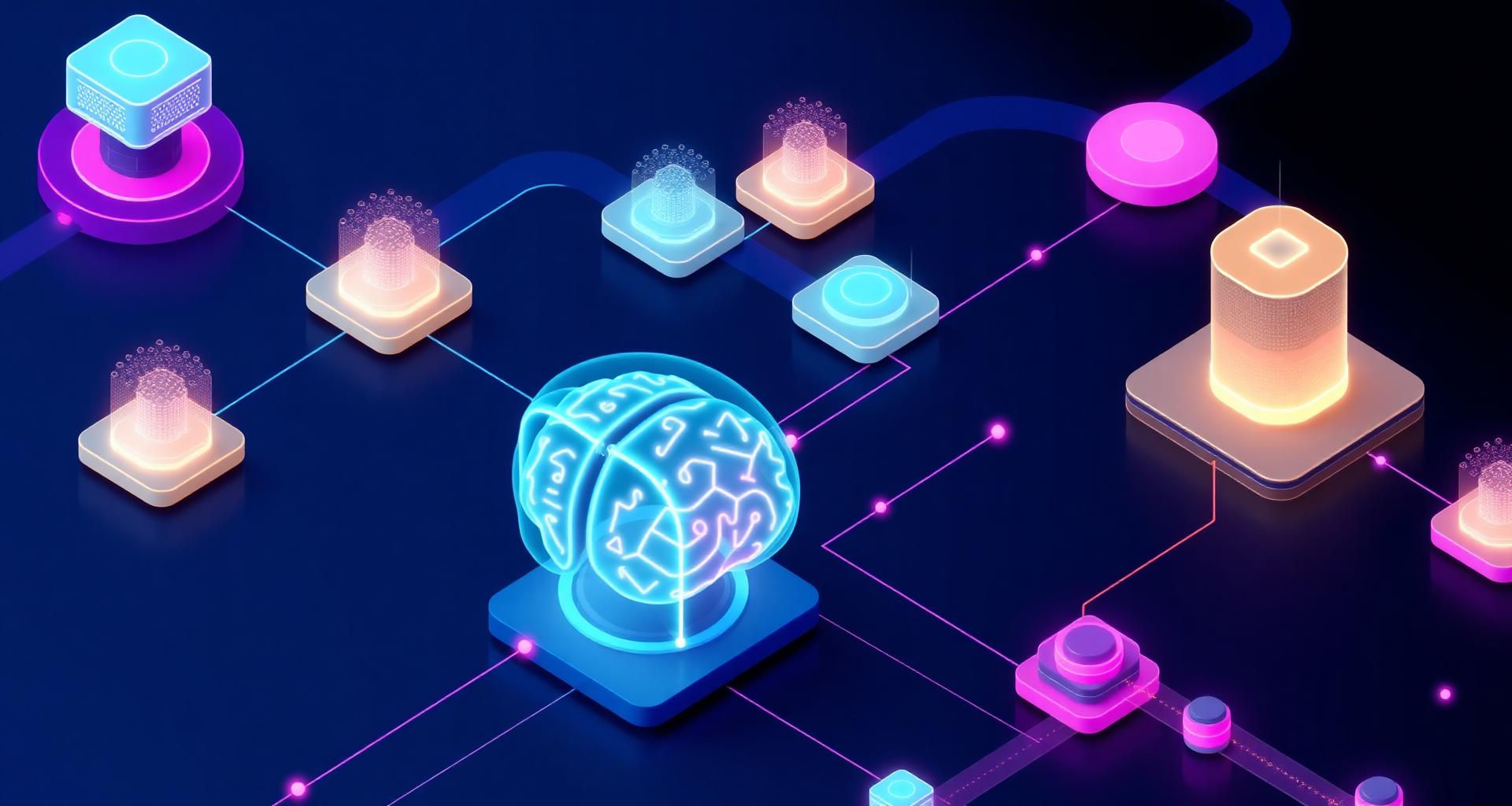 Data architecture diagram with structured pipelines feeding into a central AI brain node