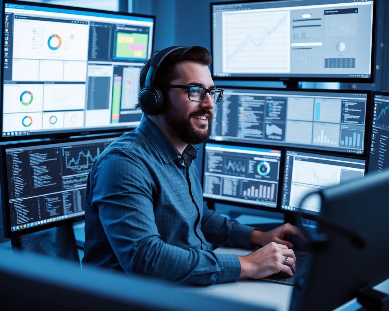 Data engineer reviewing data models and analytics dashboards across multiple monitors