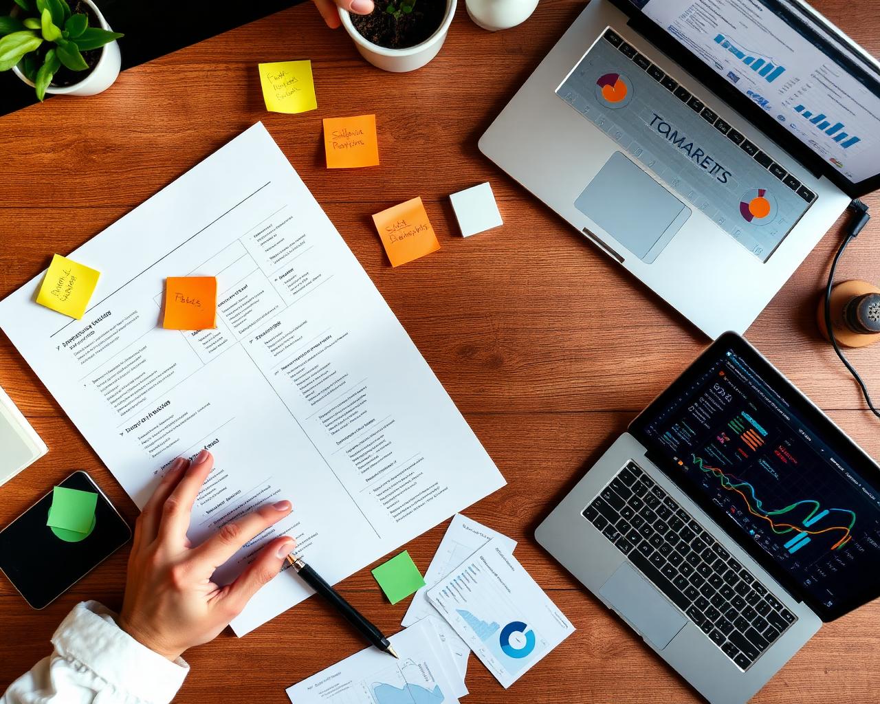 Strategy session with roadmap, sticky notes, and analytics dashboards on laptops