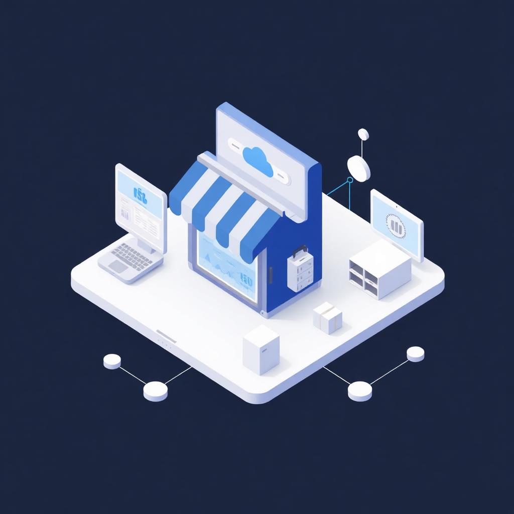 Isometric illustration of an eCommerce ecosystem connecting storefront, payments, shipping and inventory