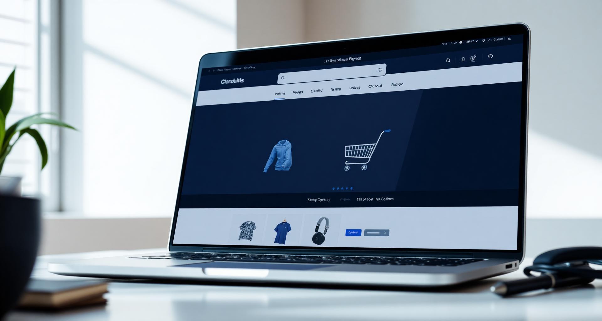 Modern eCommerce store displayed on a laptop with product grid and checkout flow