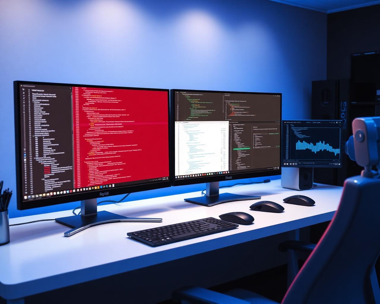 Developer workspace with monitors showing eCommerce platform code, schemas and integrations