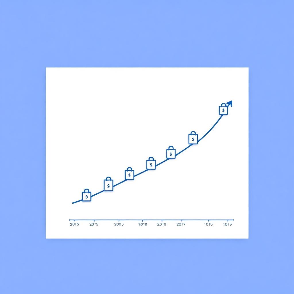Compounding growth chart with shopping bag icons rising over time