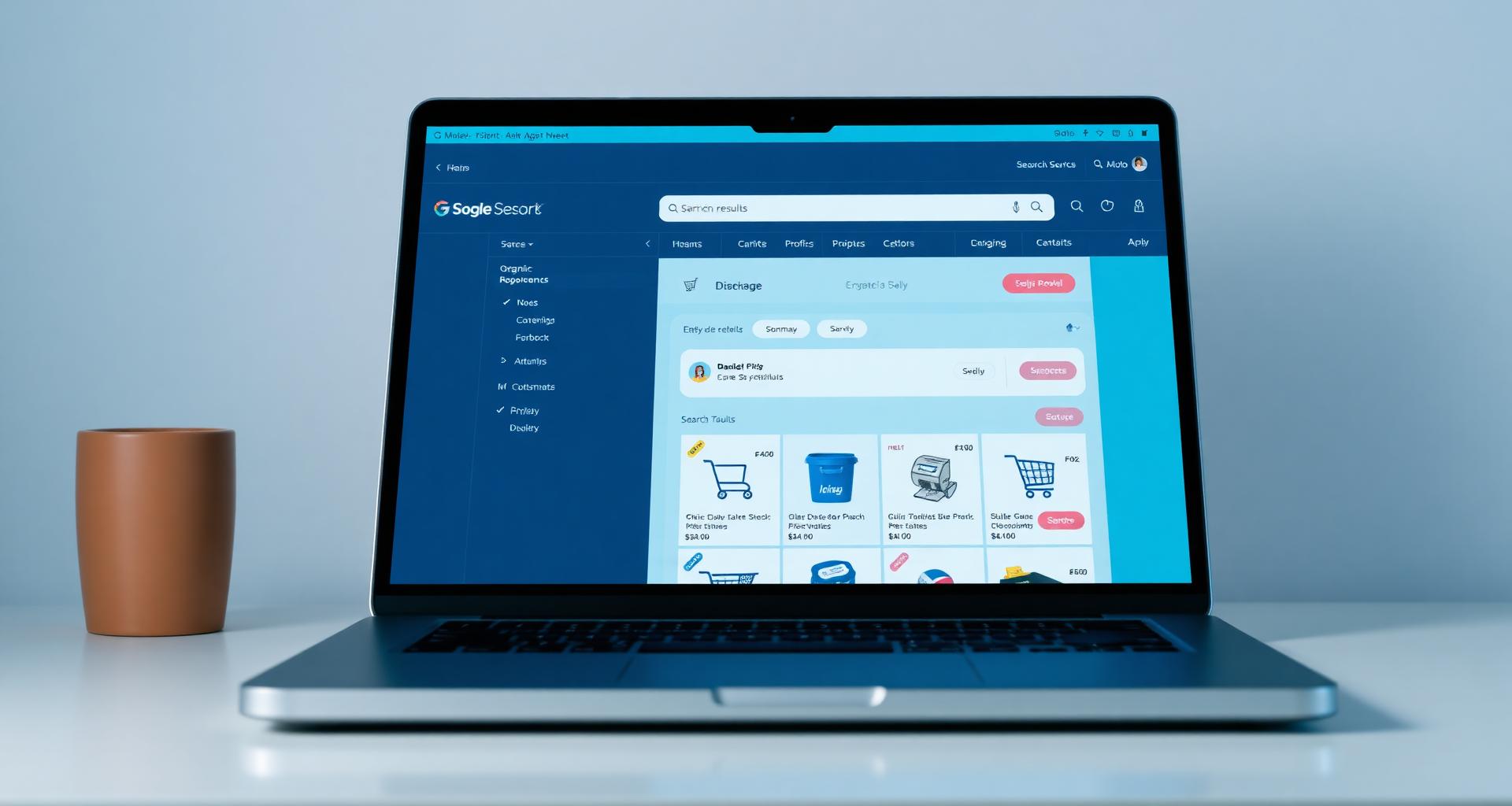 Laptop displaying an e-commerce store with products ranking in organic search results