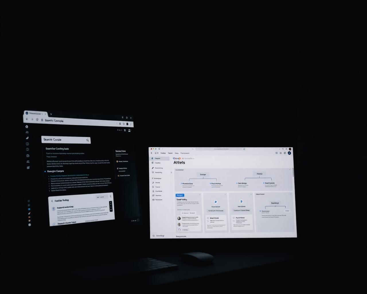 Workspace showing Google Search Console alongside an Ahrefs dashboard with site architecture data