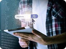 Person holding tablet showing search bar over code background