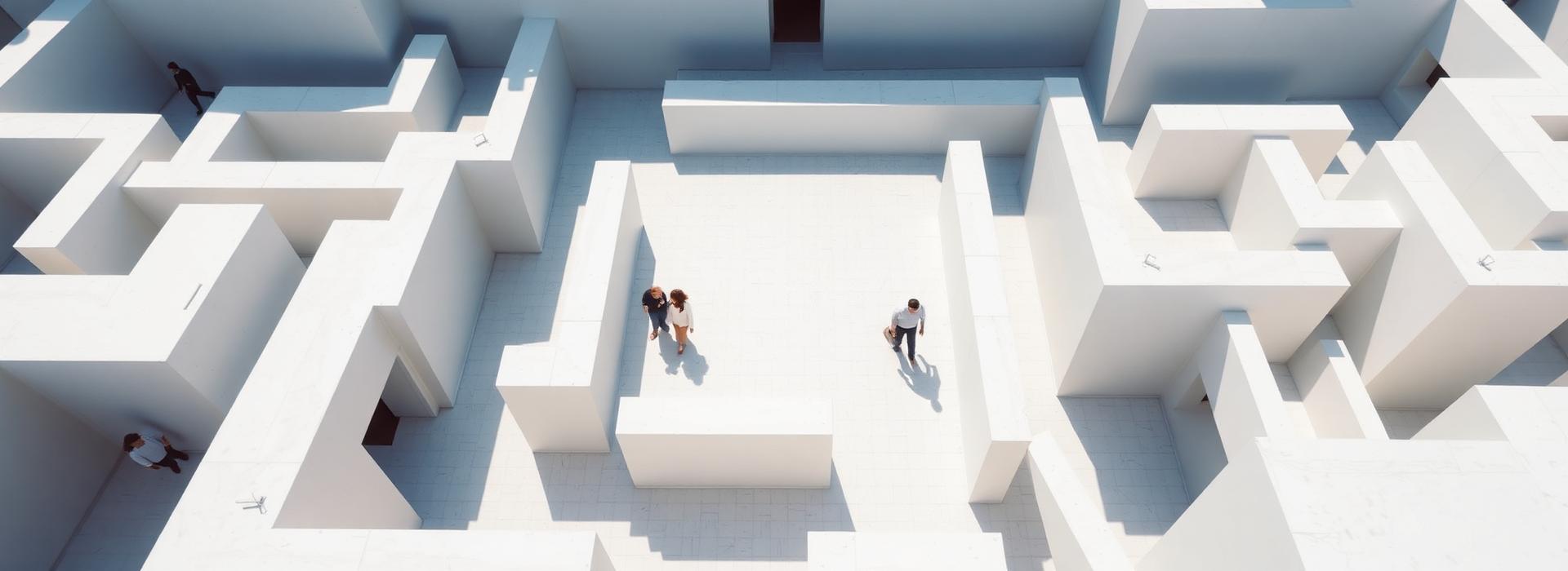 People navigating through a white architectural maze