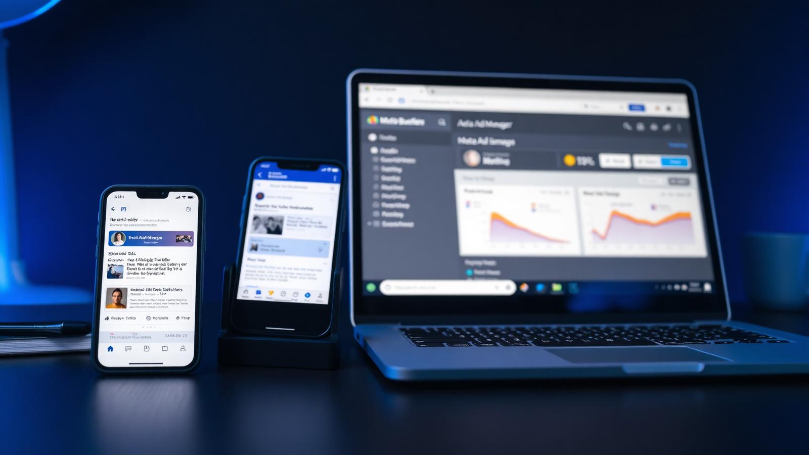 Smartphone with Facebook newsfeed and laptop showing Meta Ads Manager dashboard