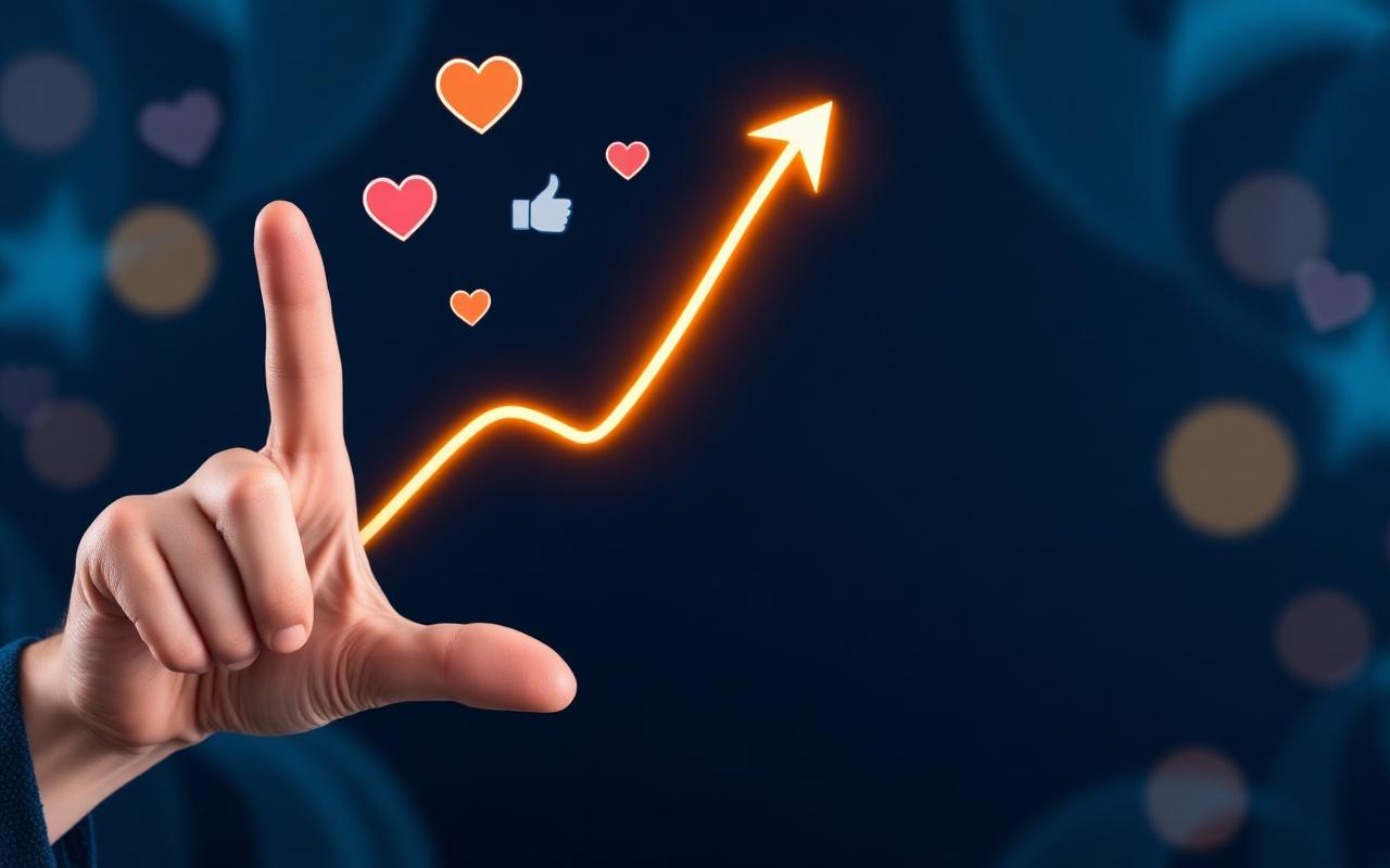 Hand pointing at a glowing rising performance chart with social engagement icons