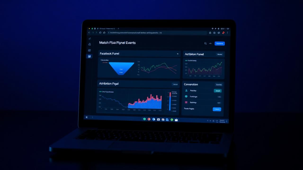 Laptop displaying Meta Business Suite with Facebook pixel events and attribution funnel