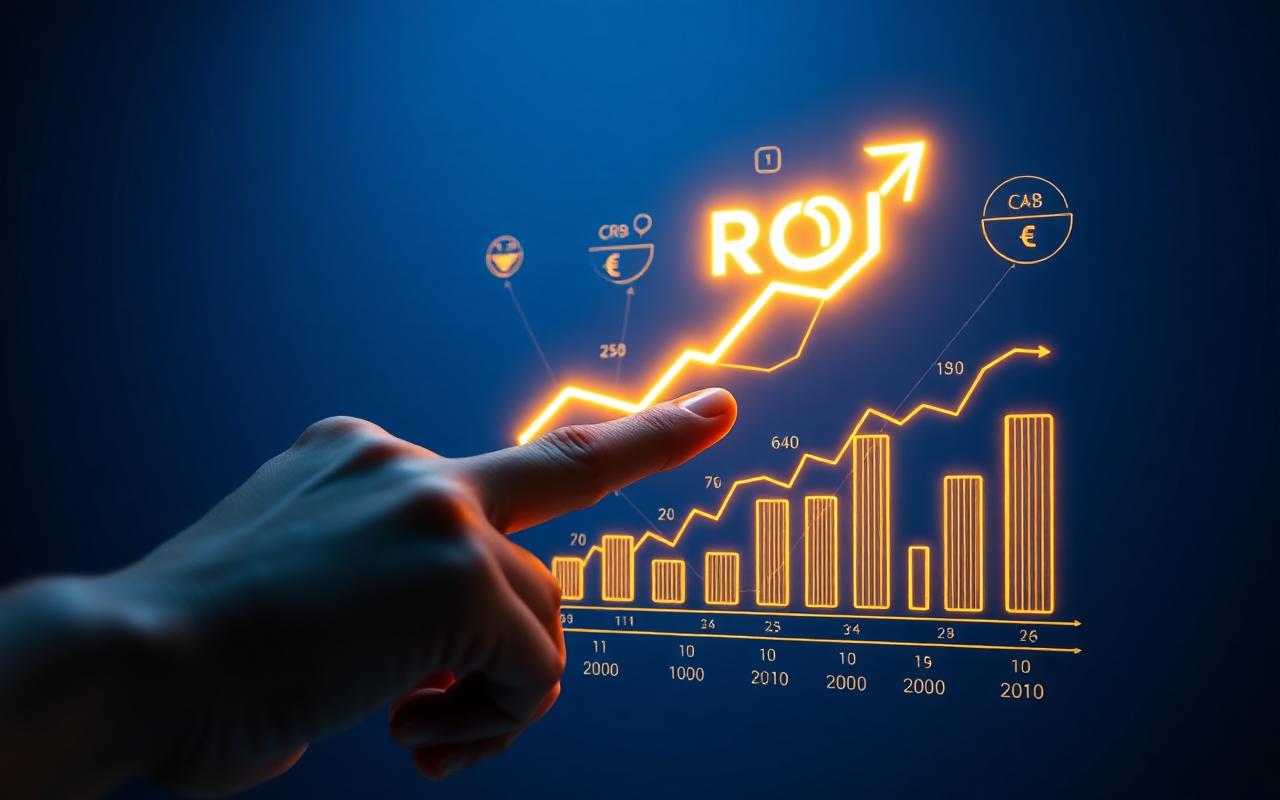 Hand pointing at a glowing ROI chart with euro and conversion icons
