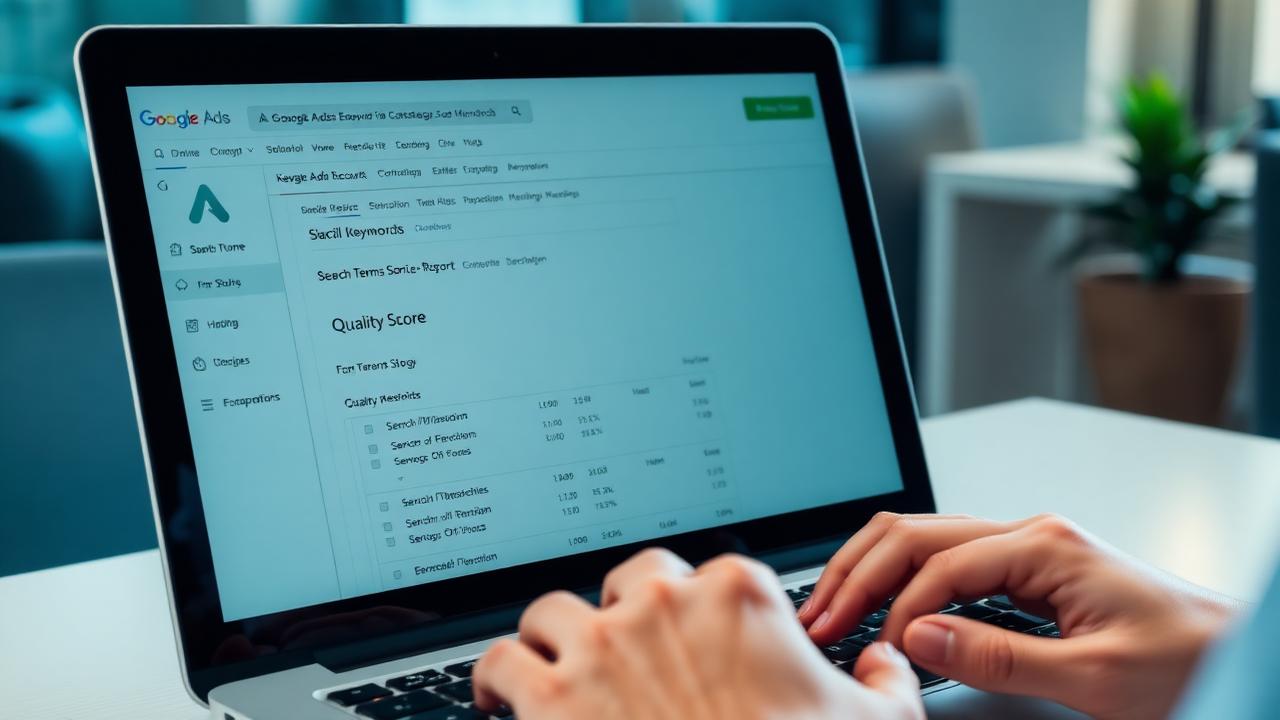 Hands on a laptop reviewing keyword bid strategy and quality score reports