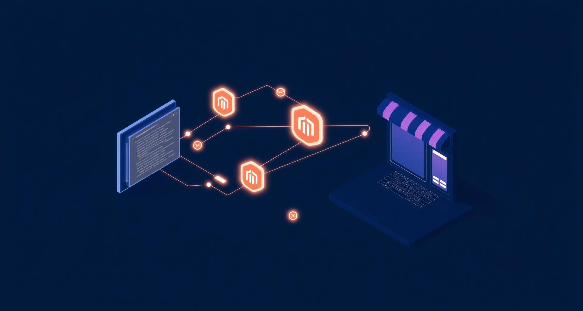 Headless Magento architecture connecting backend commerce logic to a modern decoupled storefront via APIs