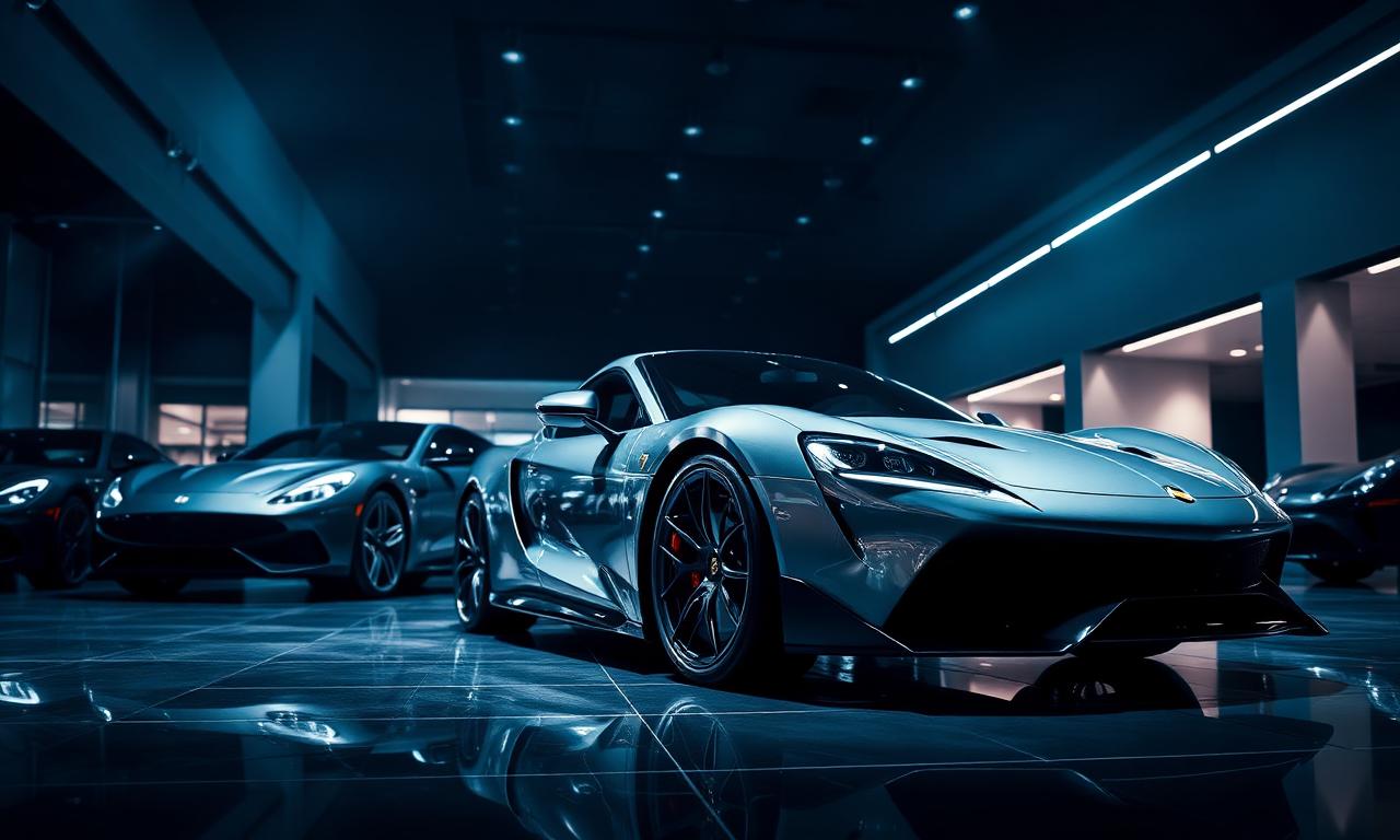 Premium car dealership showroom with sports car under dramatic lighting