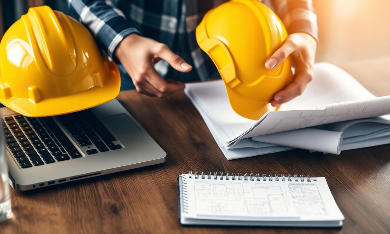 Construction professional with hard hat reviewing project plans