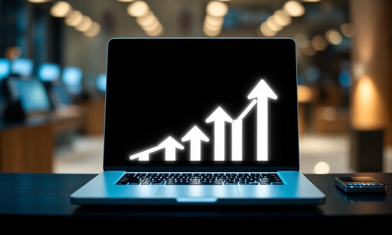 SaaS growth illustration with upward arrows on a laptop screen