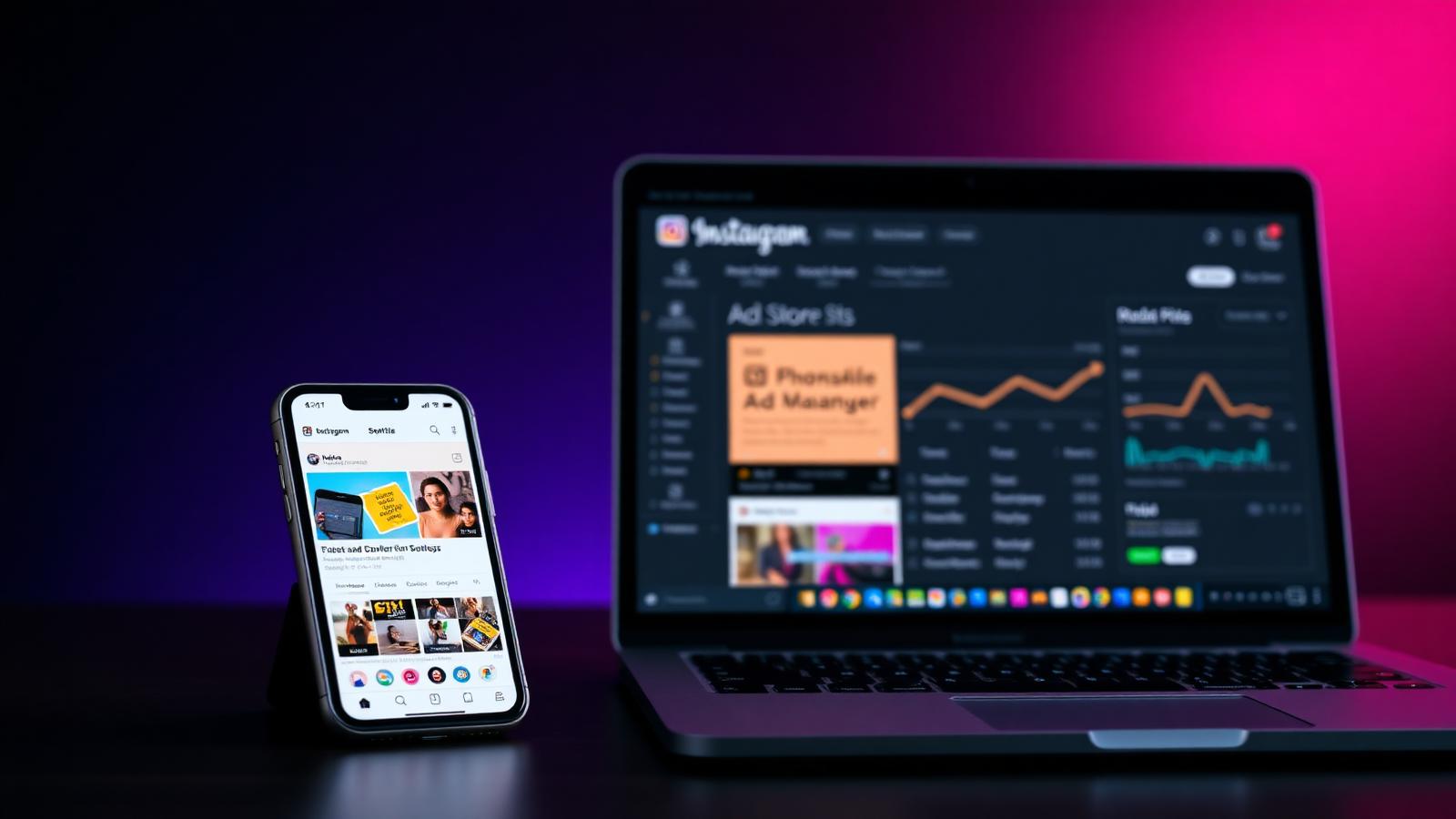 Smartphone with Instagram feed and laptop showing Instagram Ads Manager dashboard