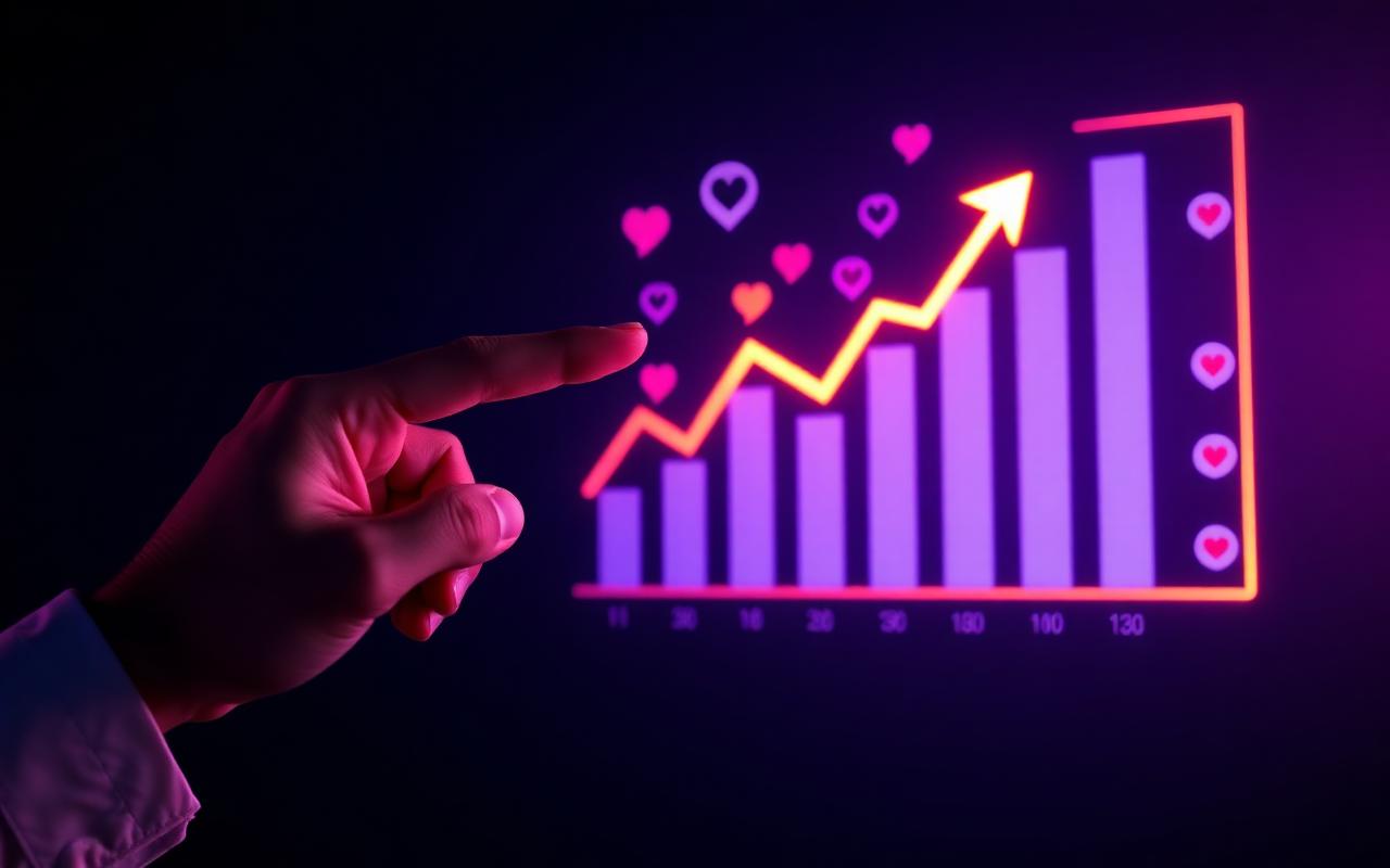 Hand pointing at a glowing rising chart with hearts, comments and engagement icons