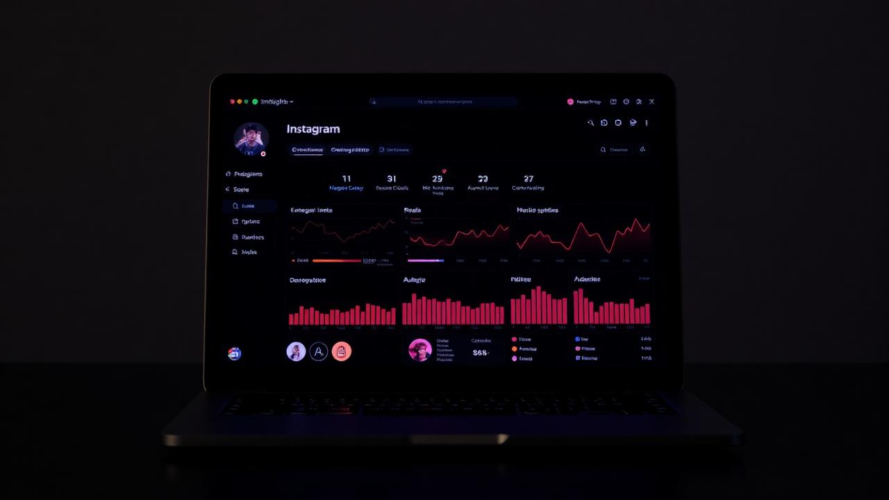 Laptop displaying Instagram Insights with reach, engagement velocity and audience analytics