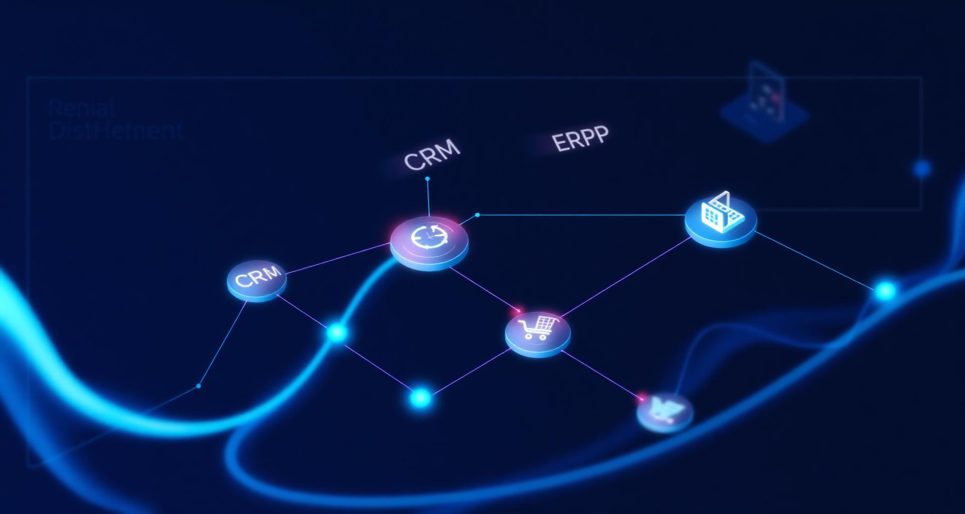 Connected business systems with CRM, ERP and eCommerce data flowing through automated integration pipelines