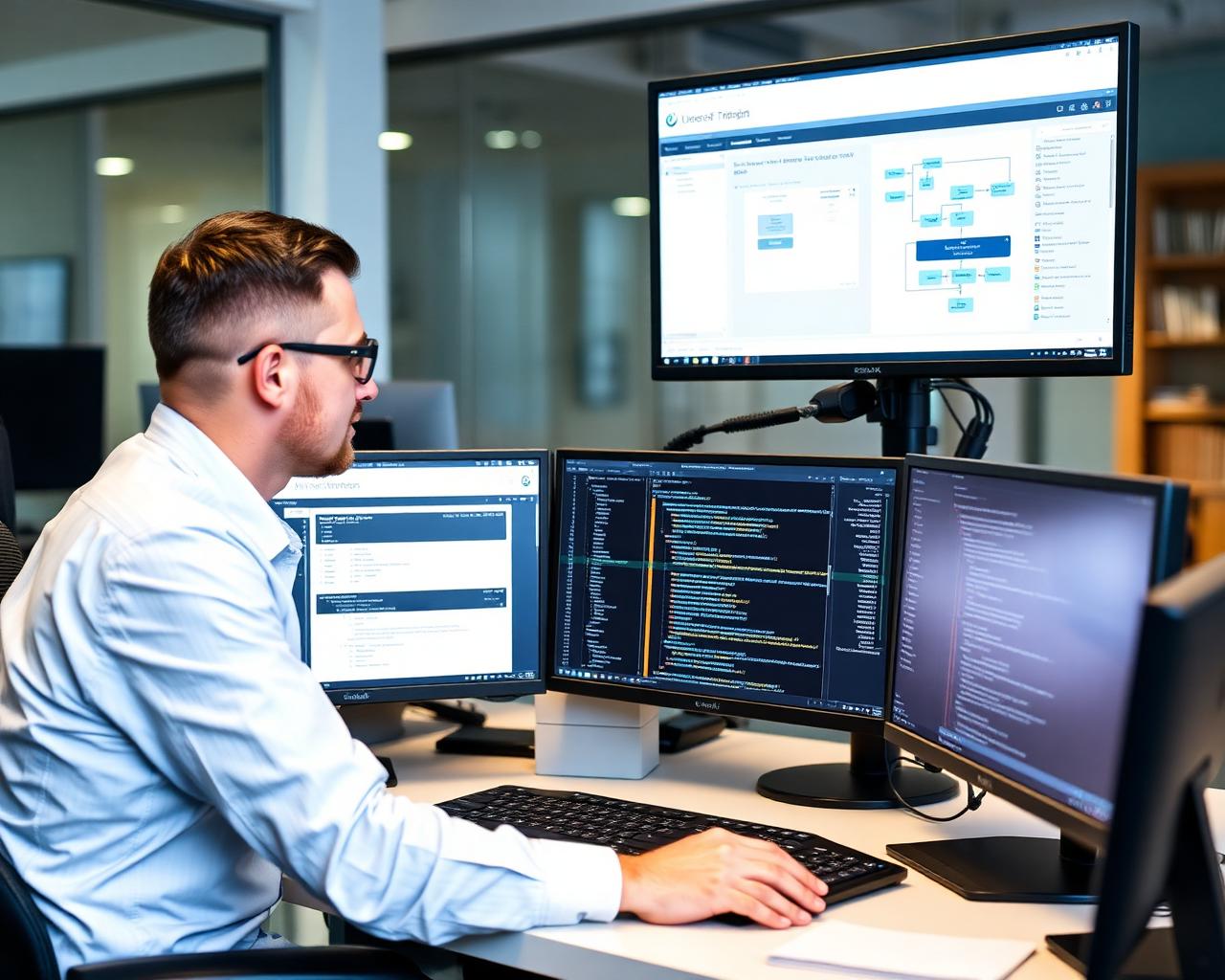 Engineer reviewing API architecture and integration workflows across multiple monitors