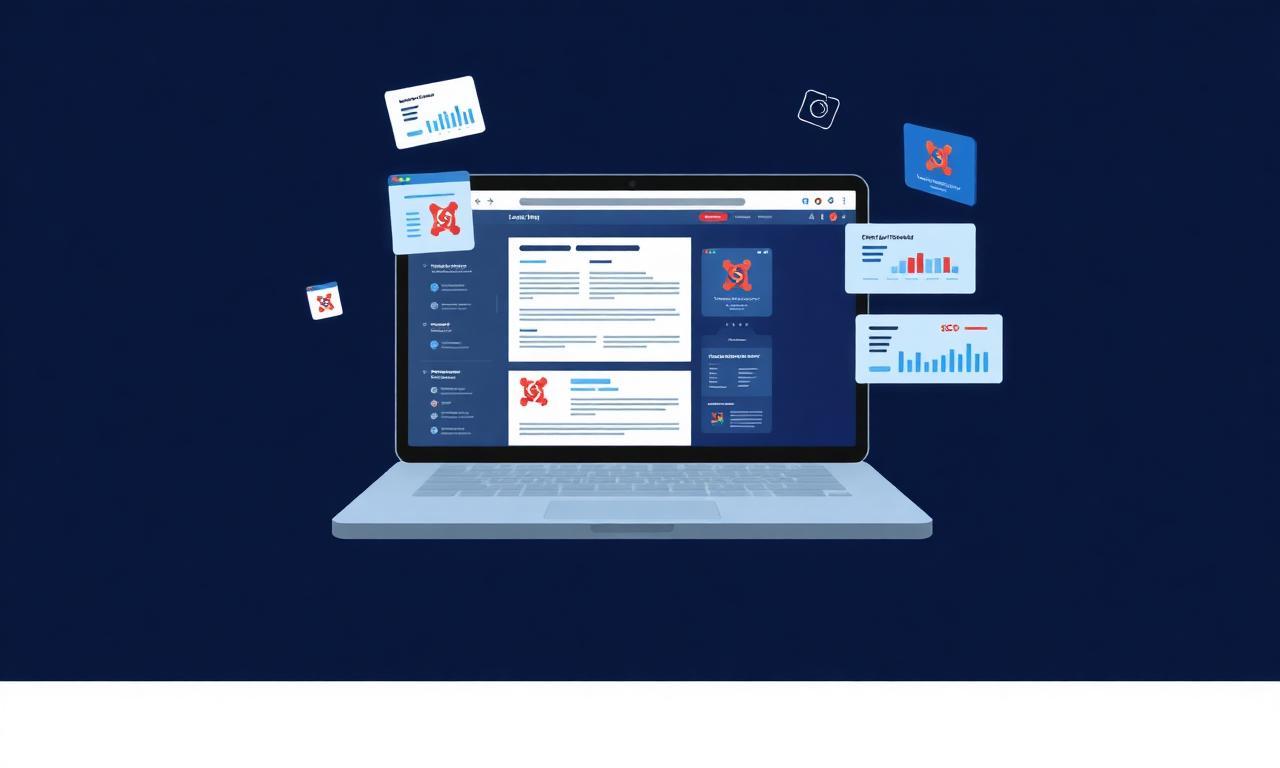 Joomla CMS SEO dashboard with content modules on a laptop