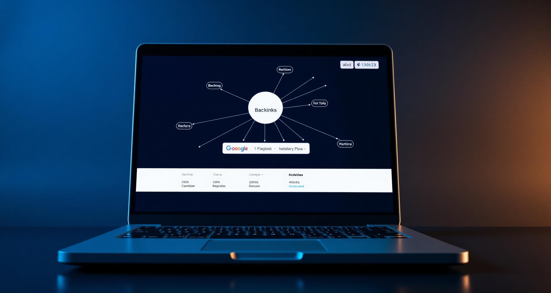 Laptop displaying a backlink network visualization with high-authority domains