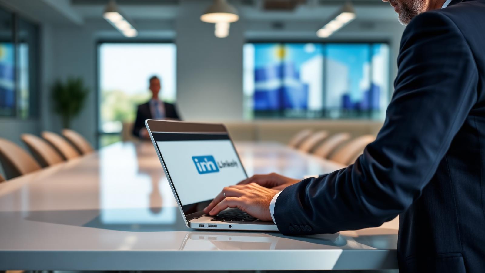 Business professional reviewing LinkedIn Campaign Manager on a laptop in a corporate boardroom