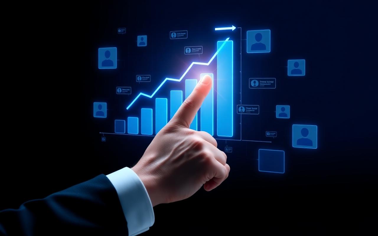 Hand pointing at a glowing rising chart with professional profile cards and lead notifications