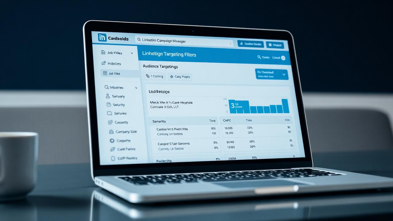 Laptop displaying LinkedIn Campaign Manager with audience targeting filters by job title, industry and seniority