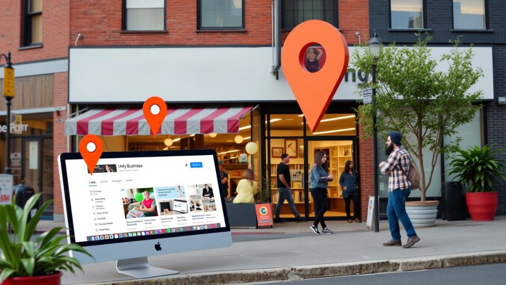 Local storefront with orange map pins highlighting nearby businesses