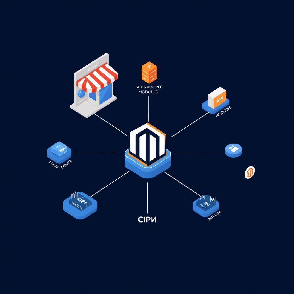 Isometric illustration of a Magento ecosystem connecting storefront, modules, API, payments, ERP and CRM